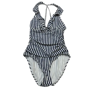 Traje de baño Ellen Tracy para mujer 12 azul marino a rayas con volantes parte superior acanalado de una pieza náutico - Imagen 1 de 5