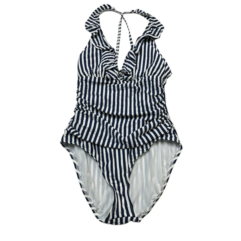Traje de baño Ellen Tracy para mujer 12 azul marino a rayas con volantes parte superior acanalado de una pieza náutico Foto 1 de 4