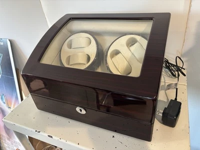 JQUEEN Watch Winder Locking Valuable 10 Watch Storage Case Faux Mahogany Box - Image 1 of 4
