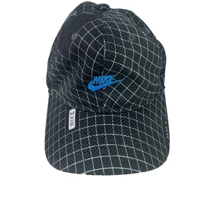 Nike Hat Cap Strap Back Child Black White Grid Print Blue Swoosh Youth Kids - Picture 1 of 8