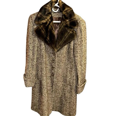 Tribal длинное пальто женщин Sz 10 коричневый твид искусственного меха воротник новый без ЯРЛЫКОВ - Изображение 1 из 4