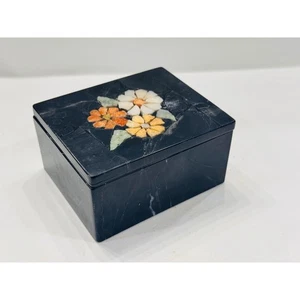 Vintage Black Marble Stone Box Mosaic Floral Flower Lid Trinket Jewelry Keepsake - Picture 1 of 4