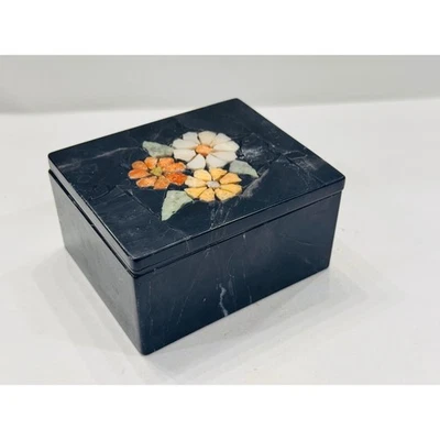 Vintage Black Marble Stone Box Mosaic Floral Flower Lid Trinket Jewelry Keepsake - Image 1 of 4