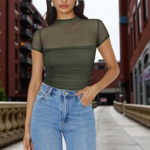 Ruched Mesh Bodysuit Womens Mock Neck Short Sleeve Going Out Top Green Size S - Picture 1 of 7