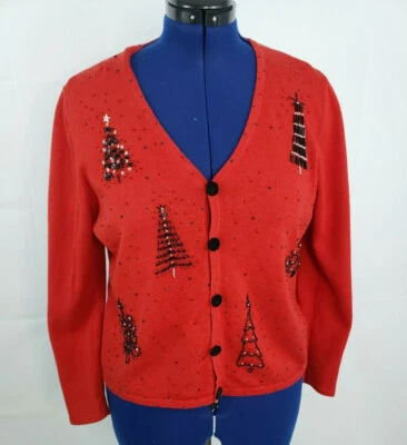 Cárdigan Suéter Hampshire Studio Rojo Nieve Cuentas Feo Navidad Talla PXL X61 Foto 1 de 4