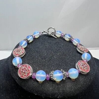 Beautiful Faux Opal Opaline Glass Enamel Rhinestone Beaded Toggle Bracelet - Image 1 of 2
