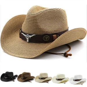 Women Fedora Straw Cowboy Hat Western Cowgirl Hats Wide Brim Sun Hat Beach Cap - Picture 1 of 30