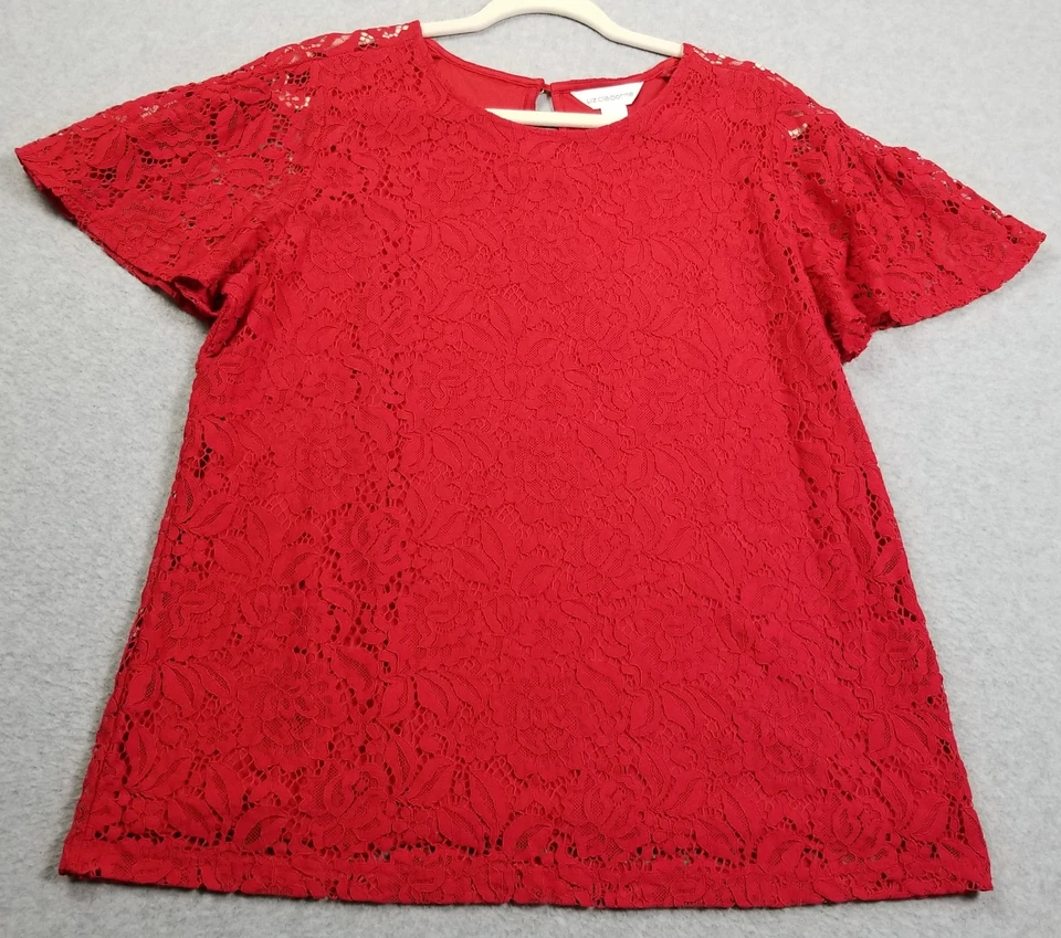 Top Liz Claiborne para mujer extra grande XL rojo encaje manga corta vacaciones romántico Foto 1 de 4