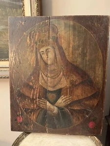 Antigua pintura iconográfica del siglo XIX de MADONNA sobre panel de madera pintura original - Imagen 1 de 17