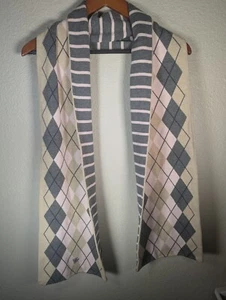 Tommy Hilfiger Scarf 10x70" 100% Cotton Pink Tan Gray Argyle/Stripe Reversible  - Picture 1 of 7