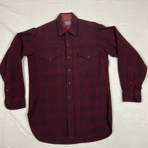Vintage 60’s Pendleton Maroon Plaid Wool Collar Flap Pocket Shirt--M - Picture 1 of 9