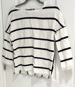 Blusa náutica ZARA BASIC blanca azul a rayas túnica inferior con flecos talla XS - Imagen 1 de 11