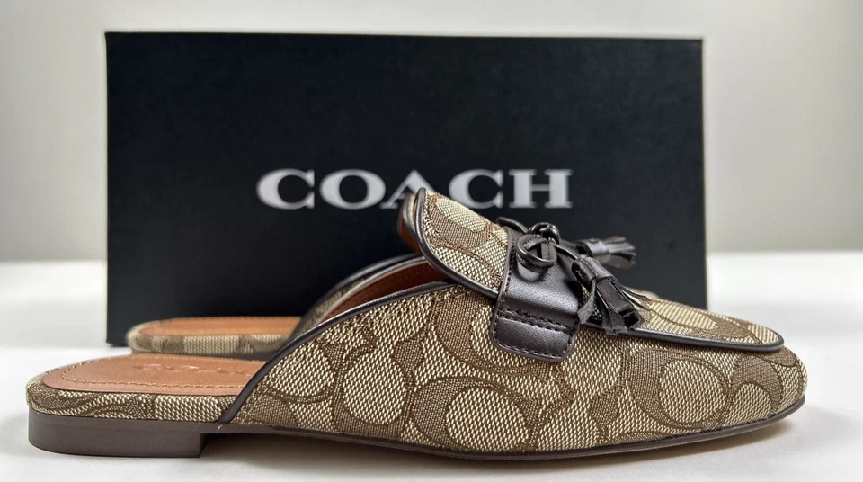 COACH Size 5 Women's Shoes Slide Khaki Jacquard SIG Leather Trim STASSI