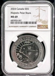 2024 Canada $5 Majestic Polar Bear 1 oz .9999 Silver Coin - NGC MS 69 - Picture 1 of 6