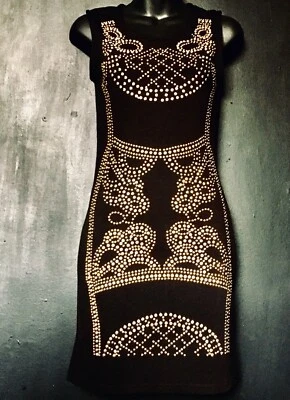 NEW WOMEN LUXE AZTEC BLACK GOLD STUDS GLADIATOR BODYCON PARTY DRESS SIZEUK8 -12  - Image 1 of 4