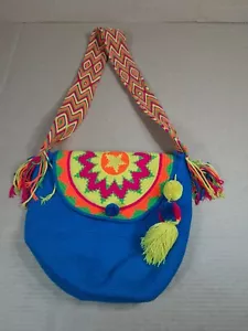 Wayuu Mochila Colombian Bag Turquoise Large Flap Cover Pompoms Authentic - Picture 1 of 8