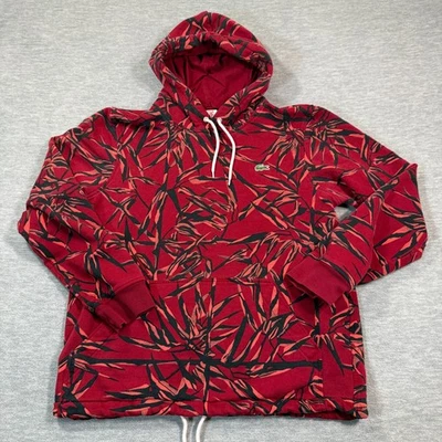 Sudadera con Capucha Lacoste Hombres 5 Rojo Negro Estampado de Hojas Pullover Ropa de Calle Logo Live Pequeña Foto 1 de 4