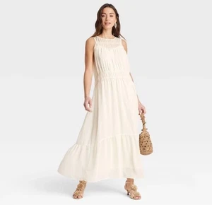 Women's Sheer Chiffon Maxi Dress - A New Day Cream M Boho Coastal - Picture 1 of 6