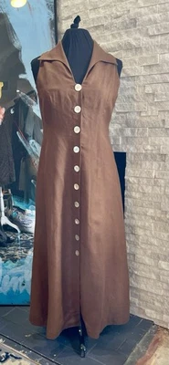 Coldwater Creek коричневый без рукавов льняной смеси подкладка на пуговицах макси платье размер 8 - Изображение 1 из 4
