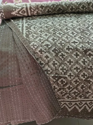 Indian Hand Block Print Kantha Quilt, Gray Cotton King Size Bedspread Throw - Image 1 of 4