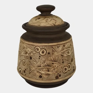 Weller Burntwood 1910 Vintage Art Pottery Brown And Tan Fish Ceramic Lidded Jar - Picture 1 of 6