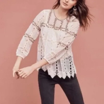 Top Anthropologie Maeve Auralis Tachonado Encaje Transparente Boho Hada Retro Marfil Pequeño Foto 1 de 4
