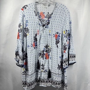 John Paul Richard Blouse Womens 2XL Blue Boho Floral Tassel Peasant Top Rayon - Picture 1 of 10
