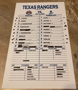 7-16-02 Texas Rangers vs. Kansas City Royals Dugout Lineup Card - Ivan Rodriguez - Picture 1 of 1