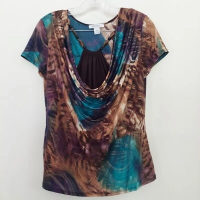 Dressbarn Top Artsy Stretch Cowlneck Beaded Tank PM Colorful Gold Accents - Image 1 of 4