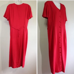 Be Smart Dress L Red Rayon Button S/Sleeve Vintage 80s does 40s Neckline Detail - Picture 1 of 10