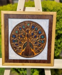 Peacock Wall Art | Handcrafted Wood Carving with Colourful Resin Inlay, 36x37cm - Picture 1 of 9