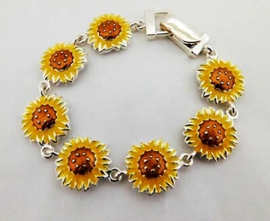 Pulsera Girasol Cierre Magnético Base Plateada Metal Amarillo Marrón Flores 7 pulgadas - Imagen 1 de 8