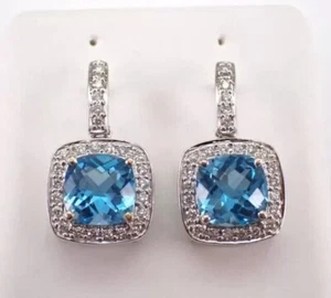 2Ct Cushion Cut Simulated Blue Topaz Halo Drop Earring In 14K White Gold Plated - Picture 1 of 6