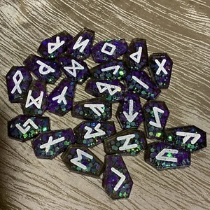 Coffin Shaped Purple Sparkle Resin Rune Stones, Elder Futhark, Set Of 24 - Picture 1 of 8