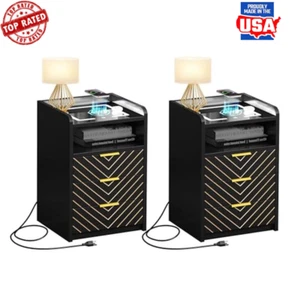 LED Nightstand Wireless Charging Station USB Ports 3 Drawers Touch Light Durable - Picture 1 of 4