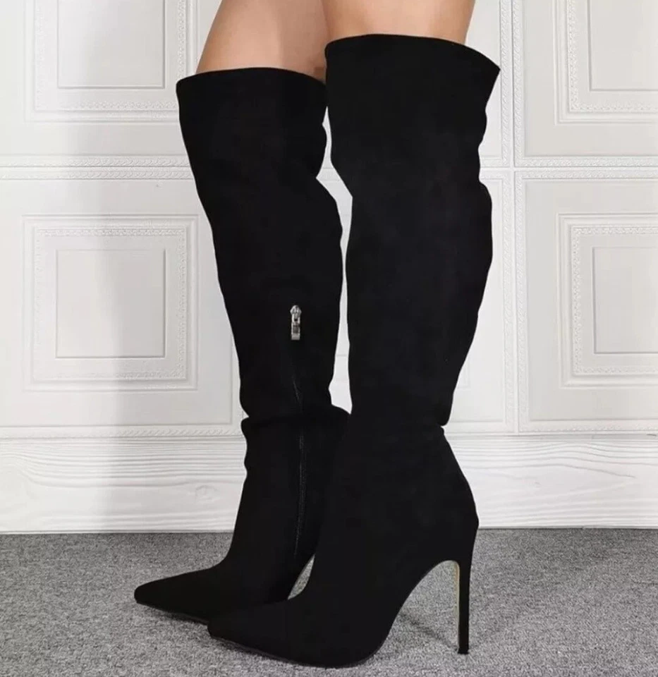 Liliana DB54 Mujer Gamuza Punta Punta Muslo Alto Suela Única Stiletto Bota Negro S 7 Foto 1 de 4