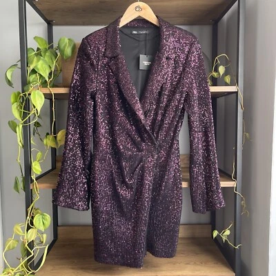 Vestido Blazer Zara Lentejuelas M/10 Negro Púrpura Acanalado Nuevo con Etiquetas Foto 1 de 4