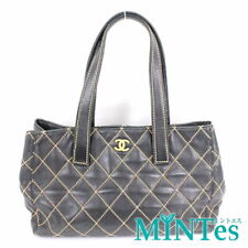 Auth Chanel Wild Stitch Tote Bag Black Leather Shoulder Bag Quilted Daily [Used]