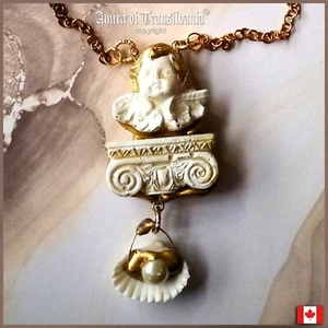 Guardian Angel Winged Jewelry Necklace Pendant Shell Golden Pearl Celestial Halo - Picture 1 of 24
