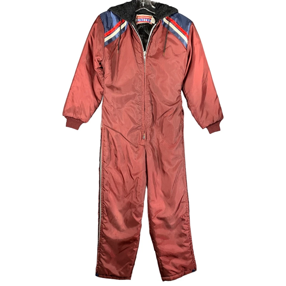 Vintage 70's United Pioneer Quilted Snowmobile Suit Boy’s M Burgundy Hood Zip - Image 1 of 4