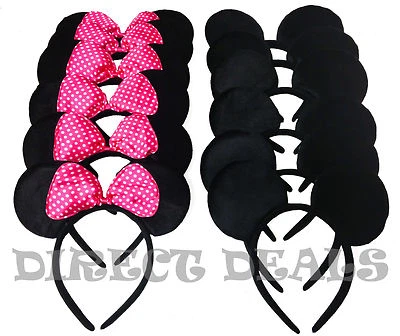 12 Minnie Mickey Mouse Ears Headbands Black Dark Pink Bow Party Favors Birthday - Image 1 of 4
