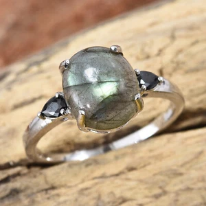 Natural Labradorite Ring 925 Sterling Silver Women Three Stone Ring - Picture 1 of 7