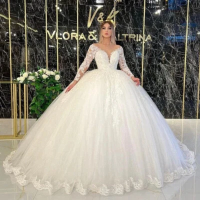 Vestidos de novia de lujo línea A cuello en V mangas largas apliques de encaje vestido de baile de novia Foto 1 de 4