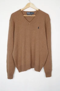 Polo By Ralph Lauren Mens V Neck Lambswool Brown Pullover Jumper Size XL - Picture 1 of 8