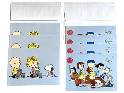7 tarjetas de notas en blanco Peanuts gráfico brillo Charlie Brown pandilla Snoopy Woodstock Foto 1 de 4