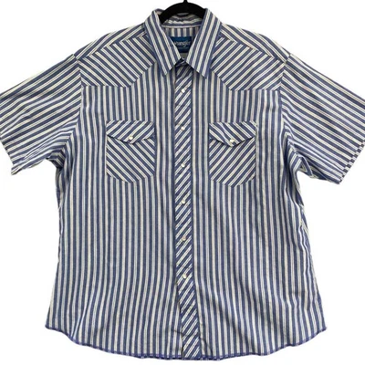 VTG Wrangler Pearl Snap Western Shirt Men 2X Blue Striped Short Sleeve Ranch - Image 1 of 4