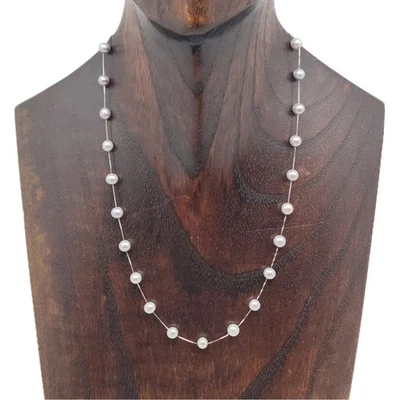 14k/585 White Gold Pearl Station Necklace Box Link Chain 17" - Image 1 of 4