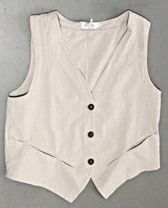 Vintage Vest Womens Medium Linen 3 Button Front Pockets 90s Gray Minimalist FLAW - Picture 1 of 8