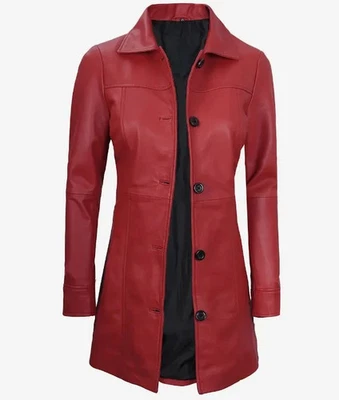 Women Stylish Shirt Collar Real Sheepskin Red Leather Car Winter Trench Coat - Image 1 of 4