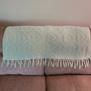 Afghan Handmade Crochet Throw Heart Design Blanket w Fringe 43x65 Lt Green - Picture 1 of 7